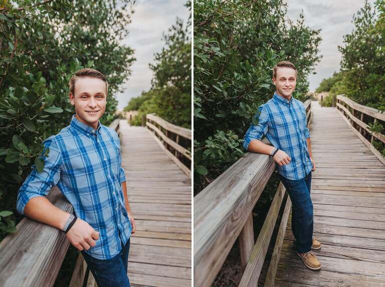 senior boy on wooden bridge