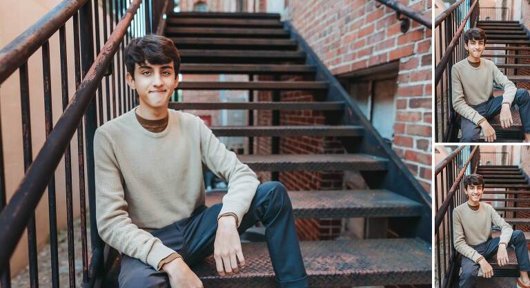 senior boy sitting on stairs